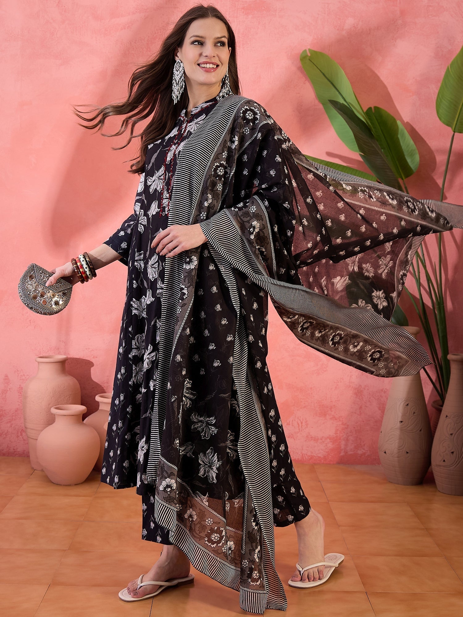 Women Black Printed Pure Cotton Kurta Trousers & Dupatta