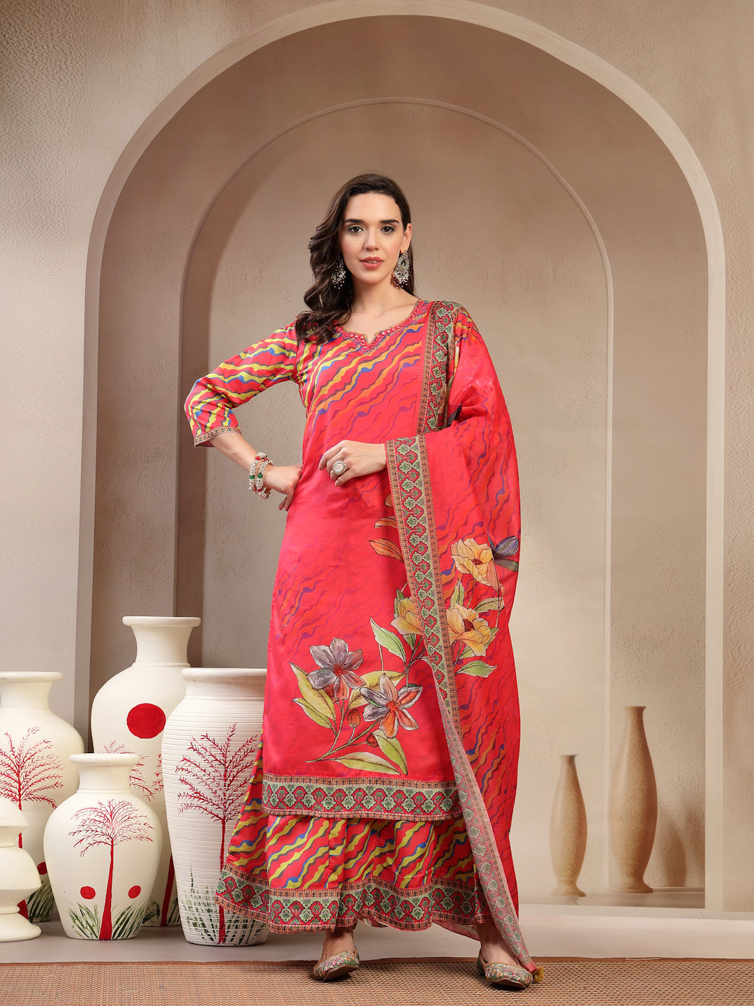 Women's Pink Embroidered Lehriya Kurta, Palazzo & Dupatta Set