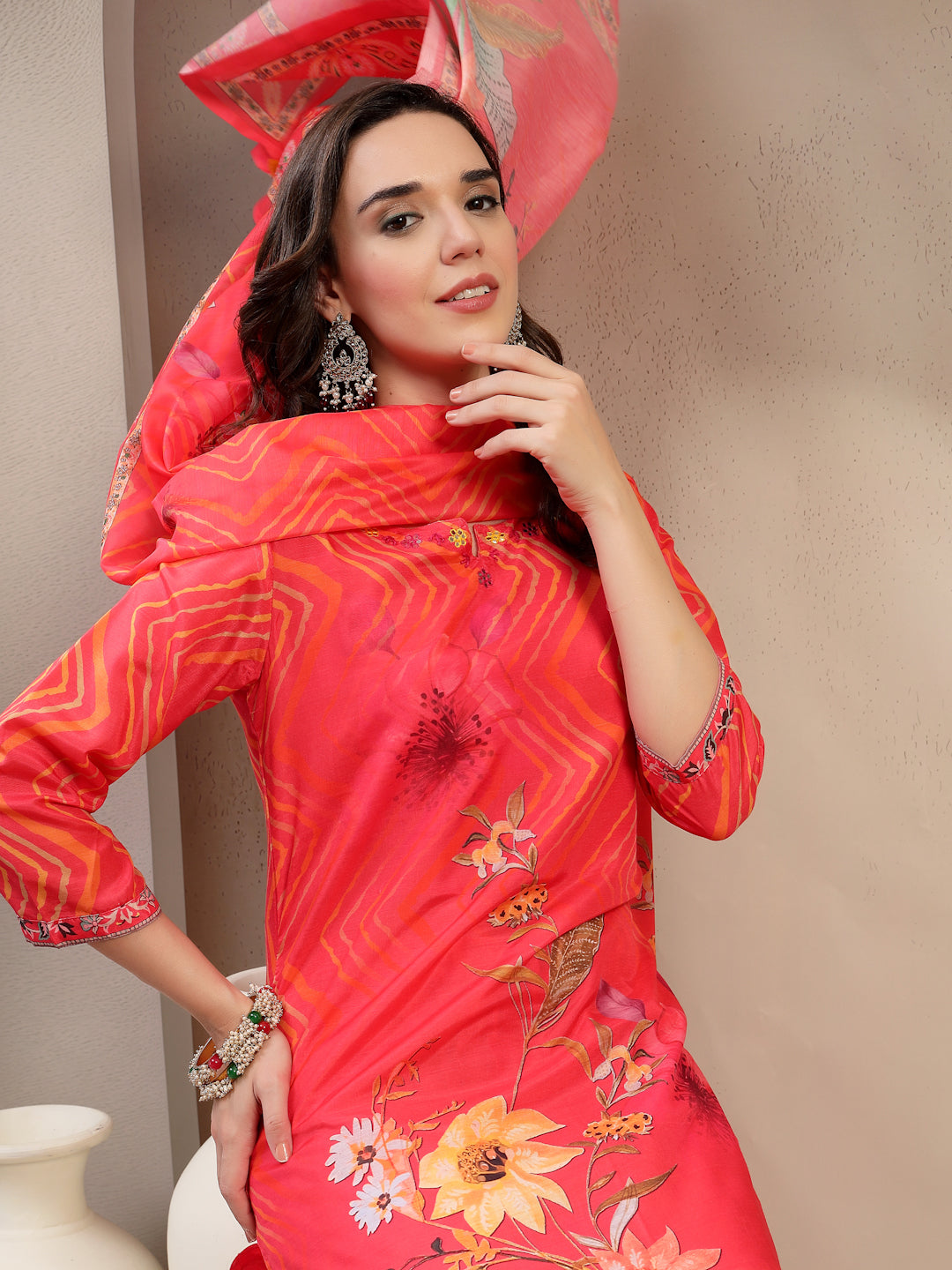 Women Orange Embroidered Lehriya Kurta Palazzo & Dupatta Set