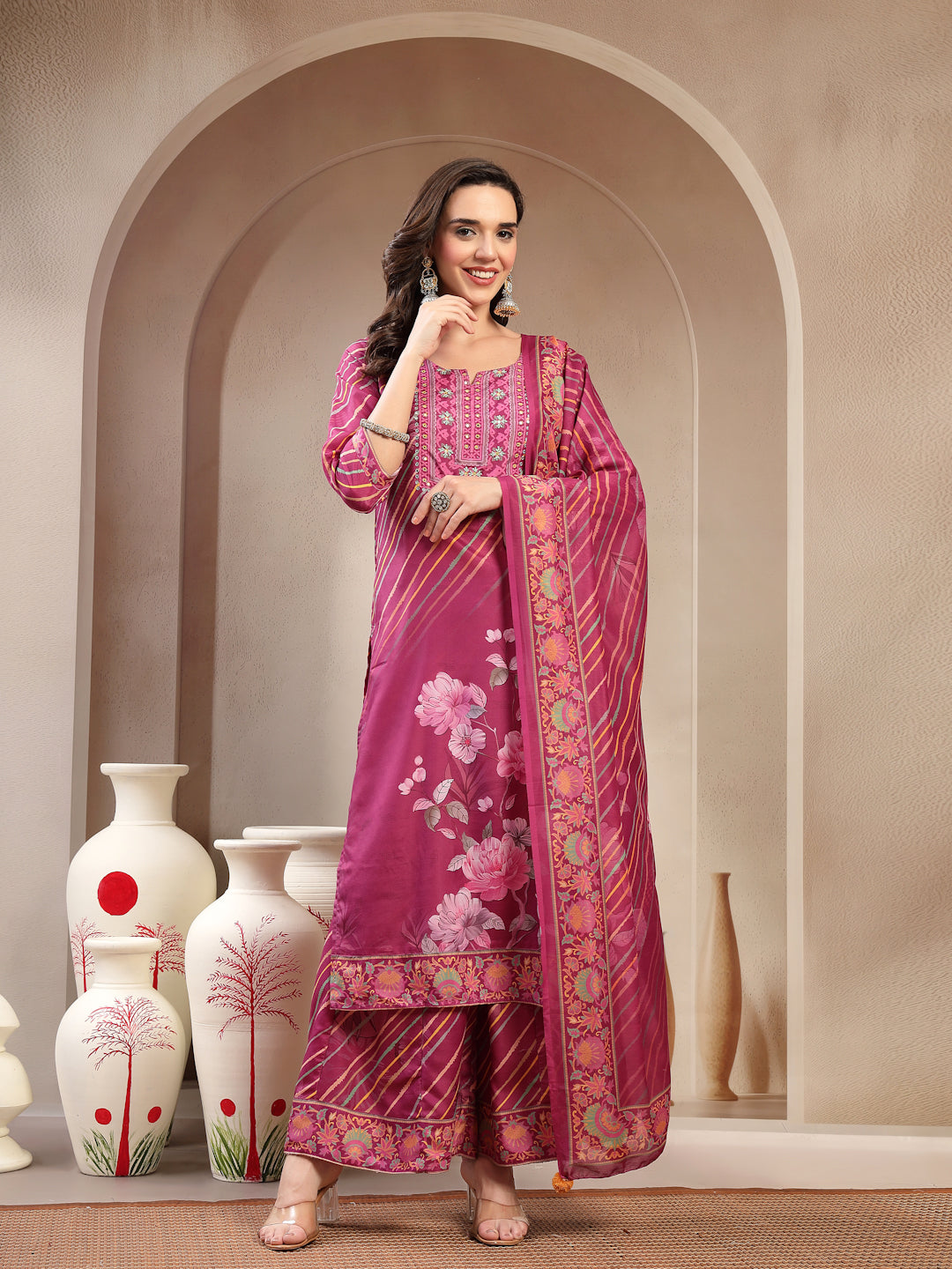 Elegant Purple Lehriya Printed Kurta Palazzo & Dupatta Set