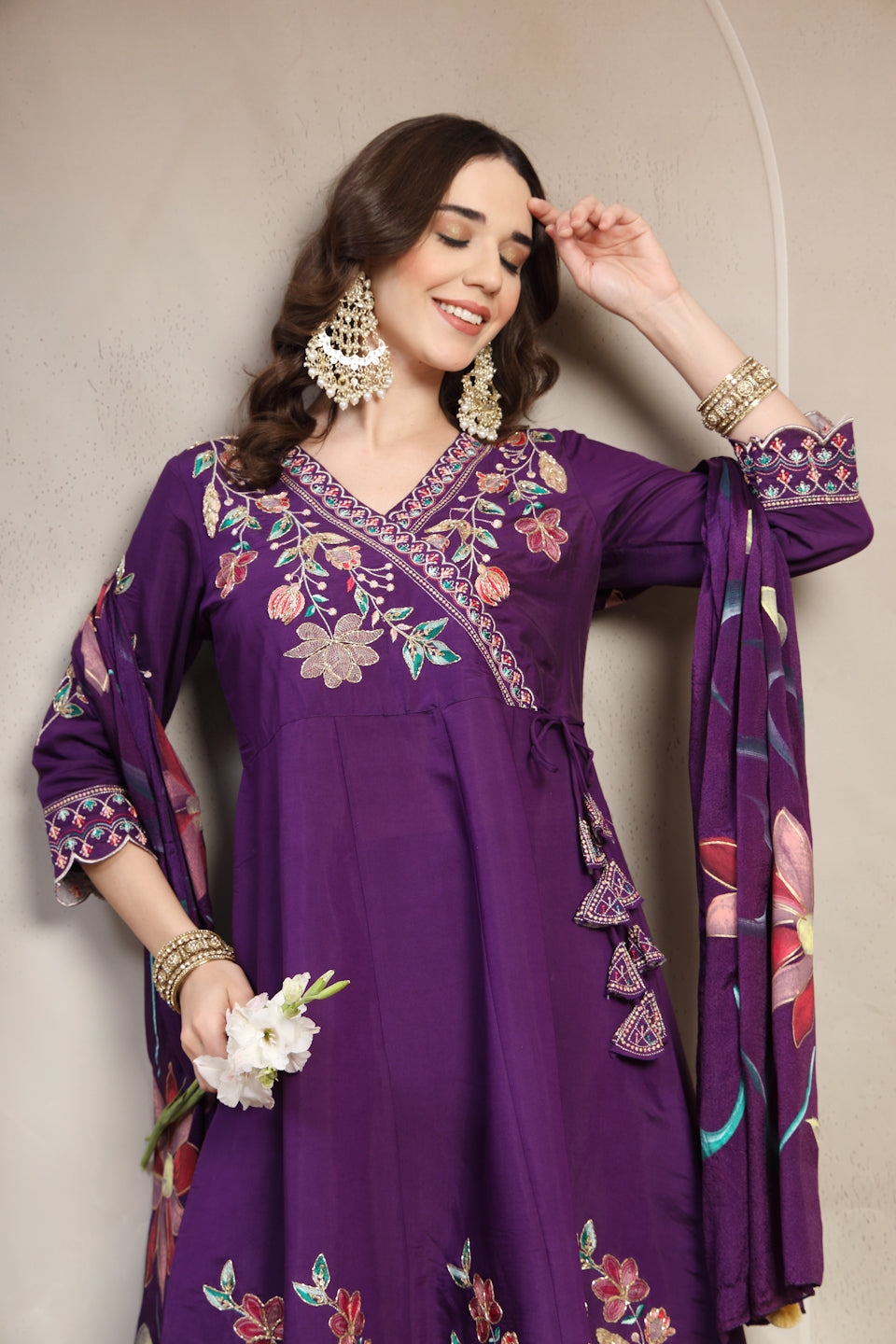 Women Purple Embroidered Anarkali Kurta & Trousers with Dupatta Set
