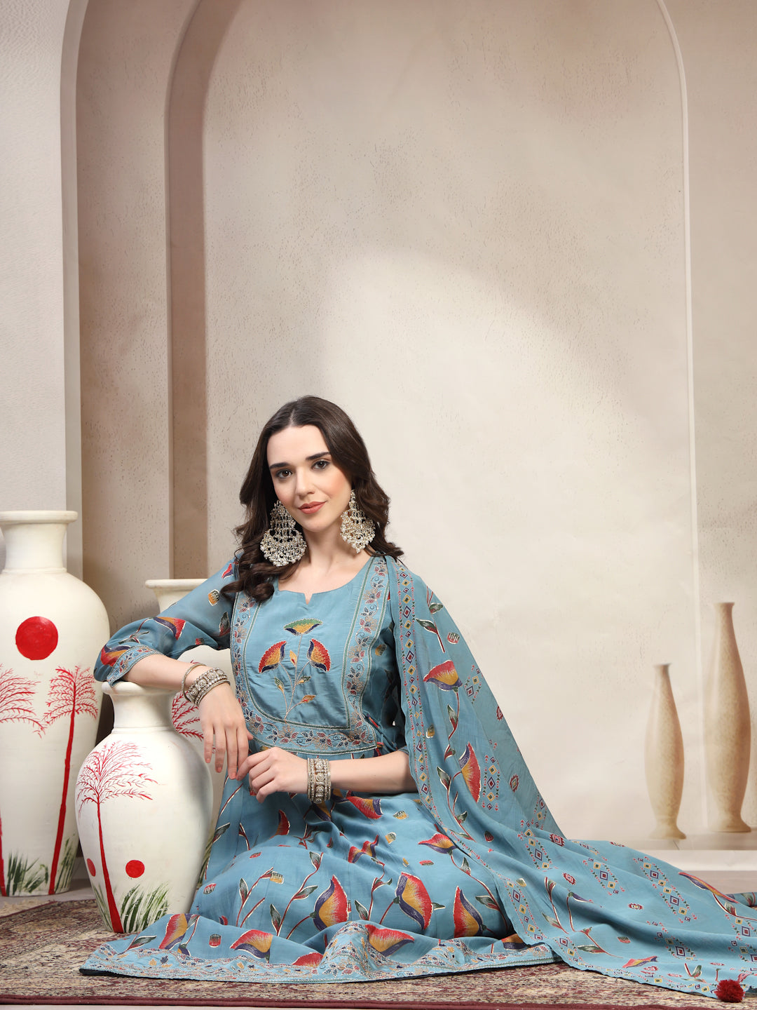 Women Olive Embroidered with printed Round Neck Kurta & Trousers with Dupatta Set
