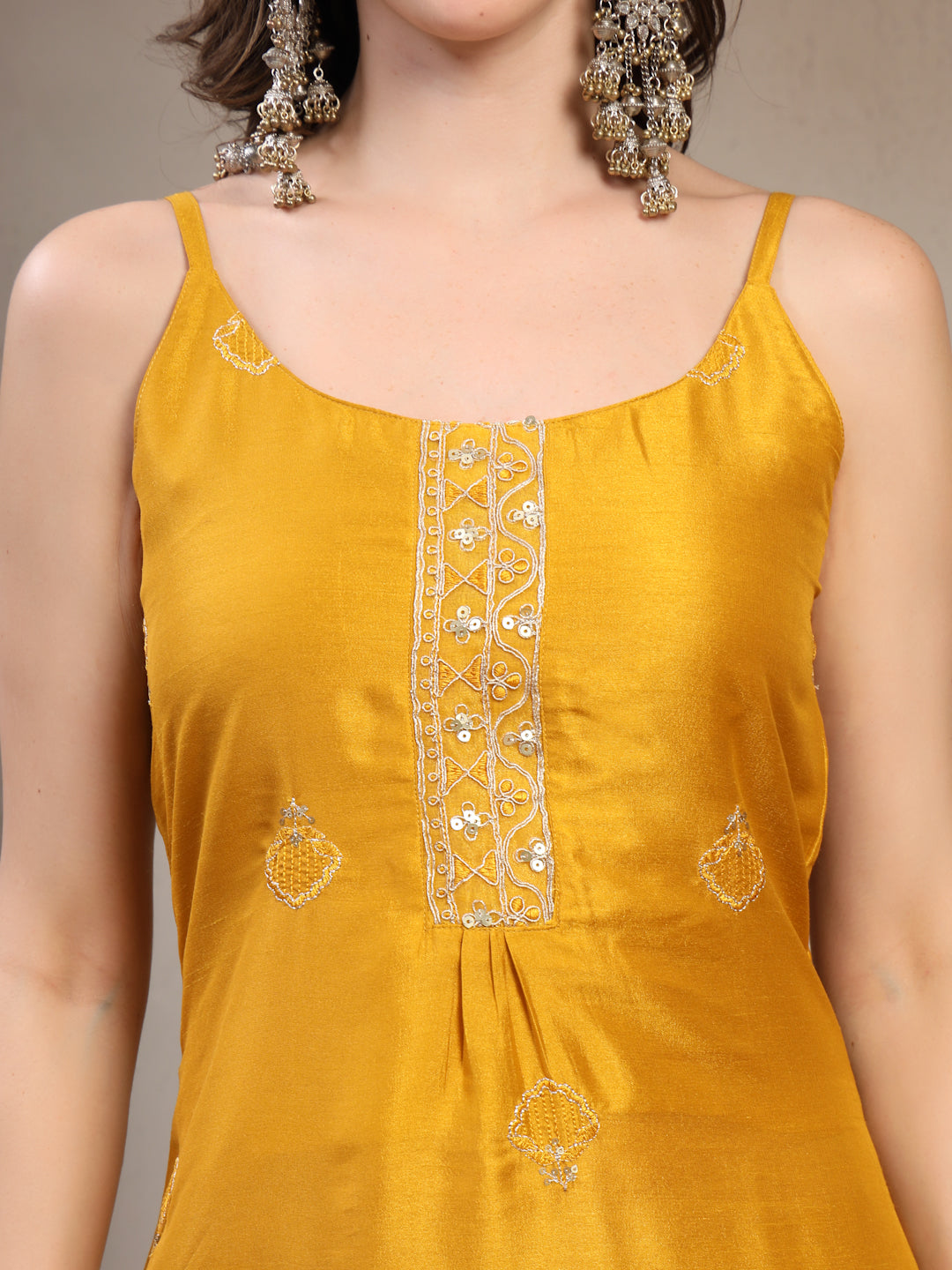 Women Yellow Embroidered Round Neck Kurta & Trousers