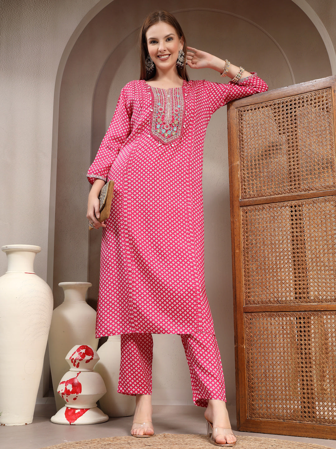 Women Ethnic Motifs Printed Regular Thread Work Kurta with Trousers