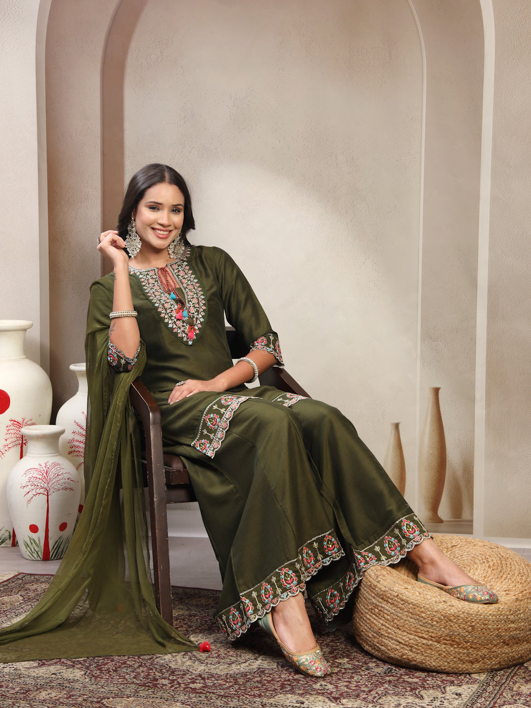 Women Green Embroidered Tie-Up Neck Kurta & Sharara & Dupatta Set