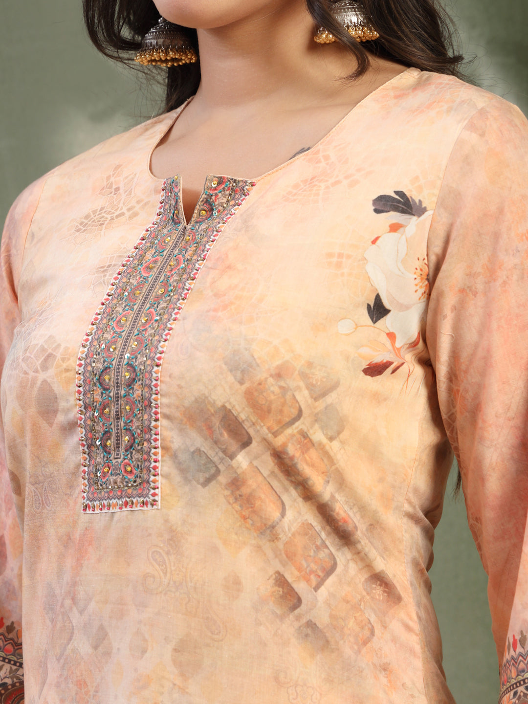 Women Peach Printed with Sequin Embroidered Kurta & Trousers with Dupatta Set