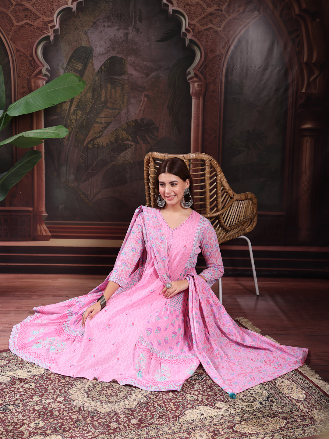Women Pink Color Printed Embroidery Anarkali Kurta With Trouser & Dupatta Set