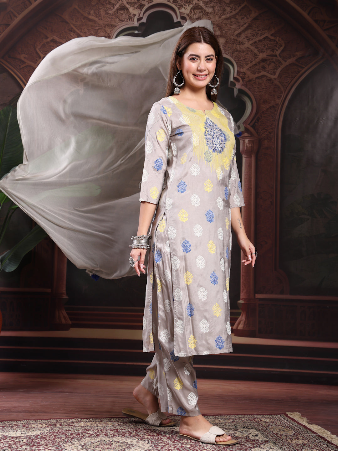 Women Grey Color Embroidery Kurta With Palazzo & Dupatta Set