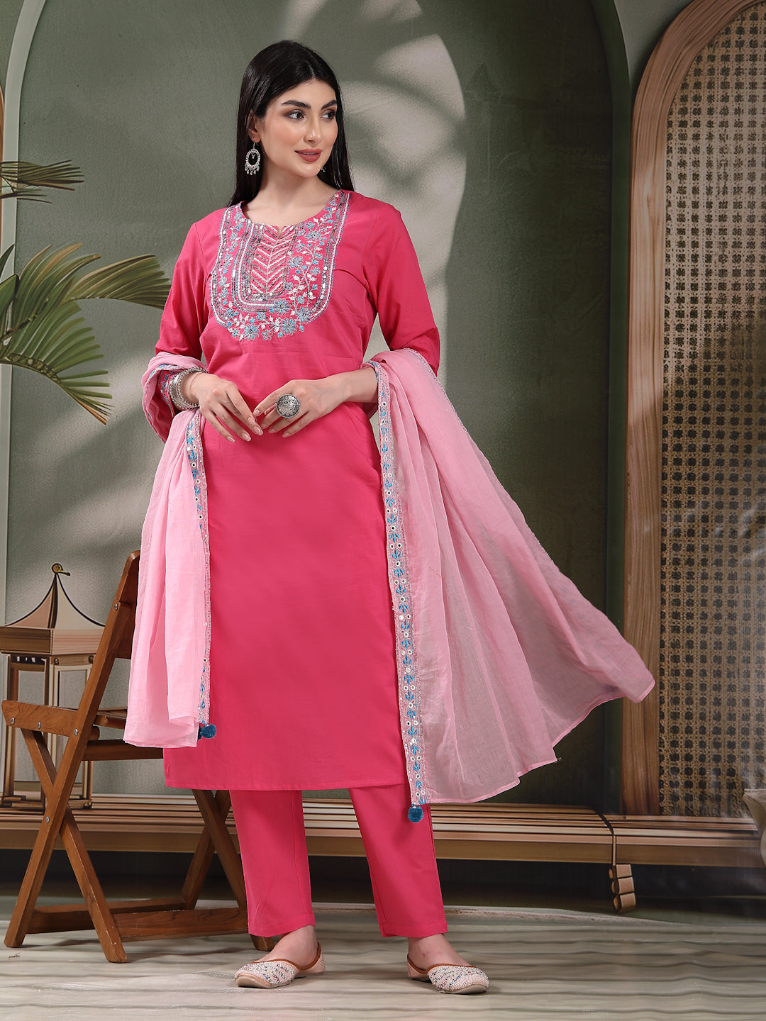 Women Solid Embroidered Cotton Kurta with Pyjama & Dupatta