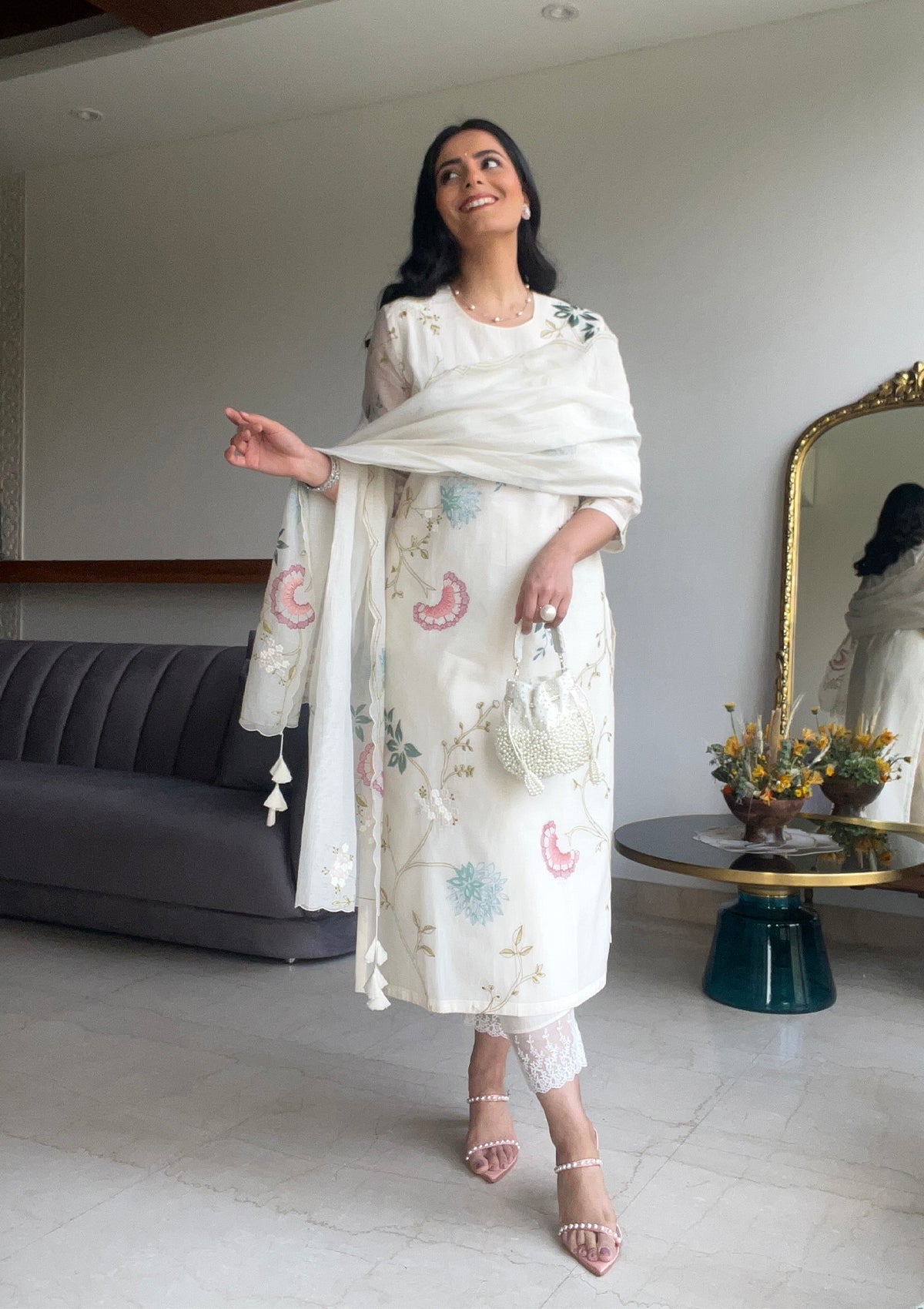 Pearl Embroidered Floral Kurta Set
