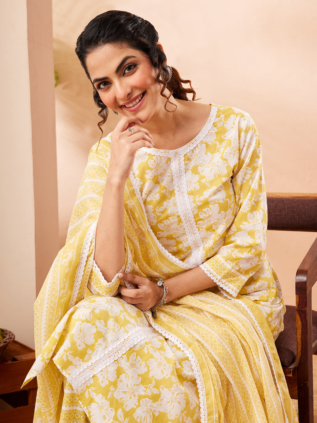 Janasya Women's Yellow Pure Cotton Floral Printed Straight Kurta Set