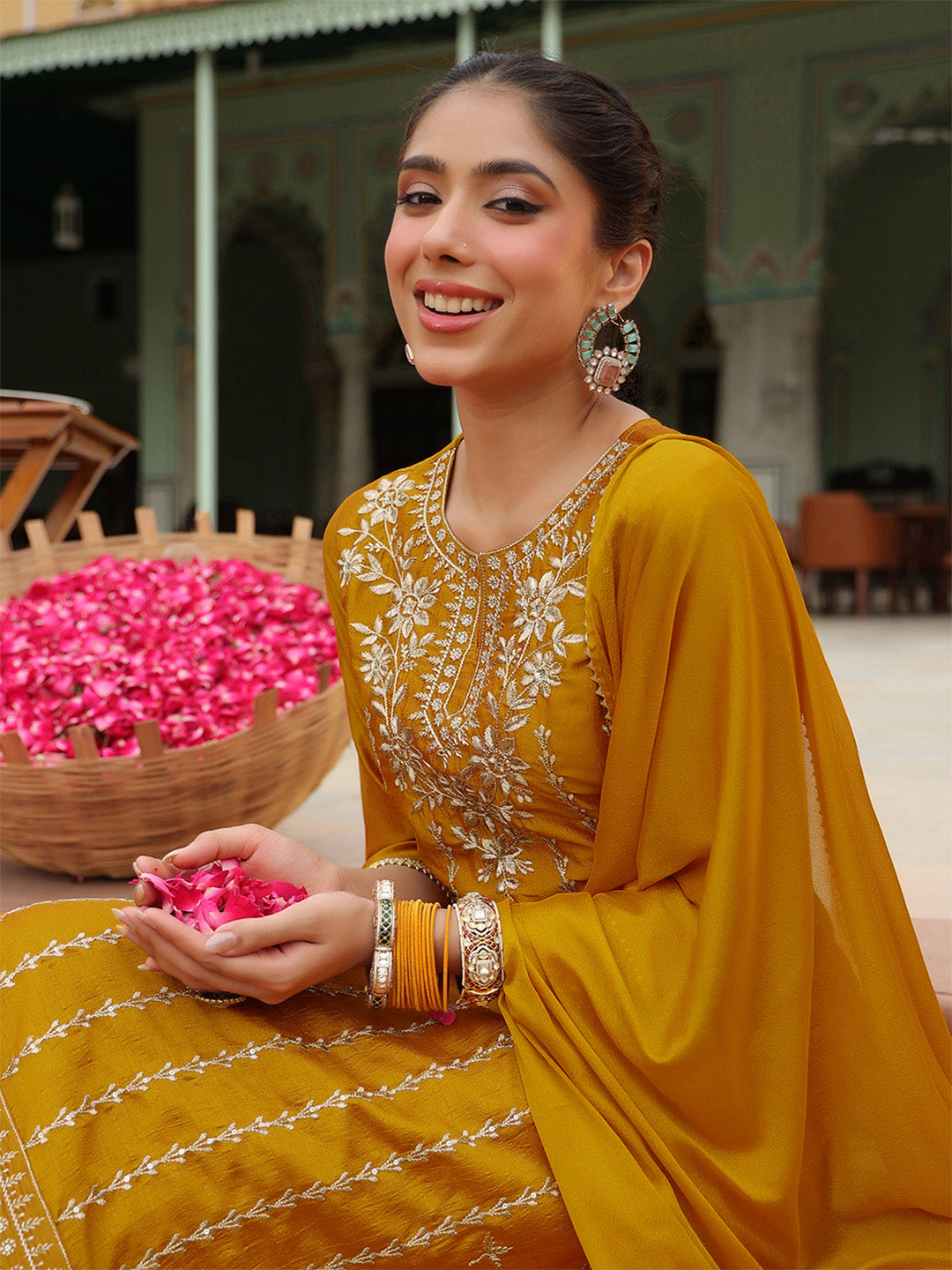 Janasya Women's Mustard Silk Blend Embroidered Straight Kurta Set