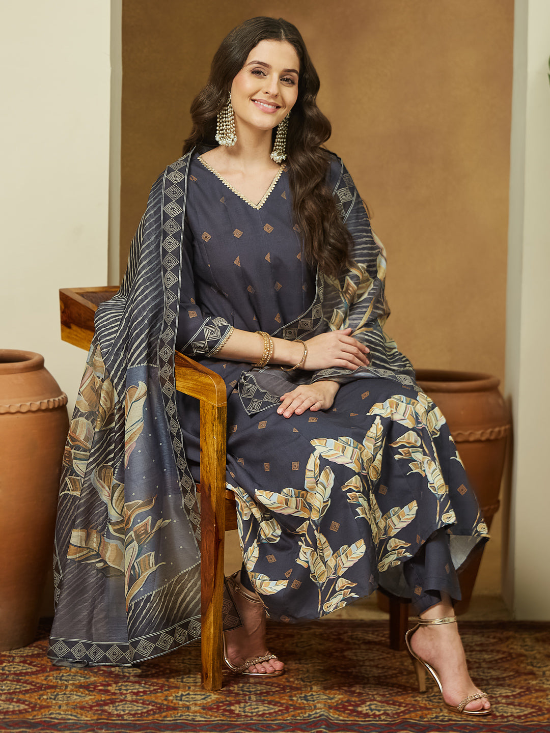 Janasya Women's Black Cotton Blend Embllished A-line Kurta Set