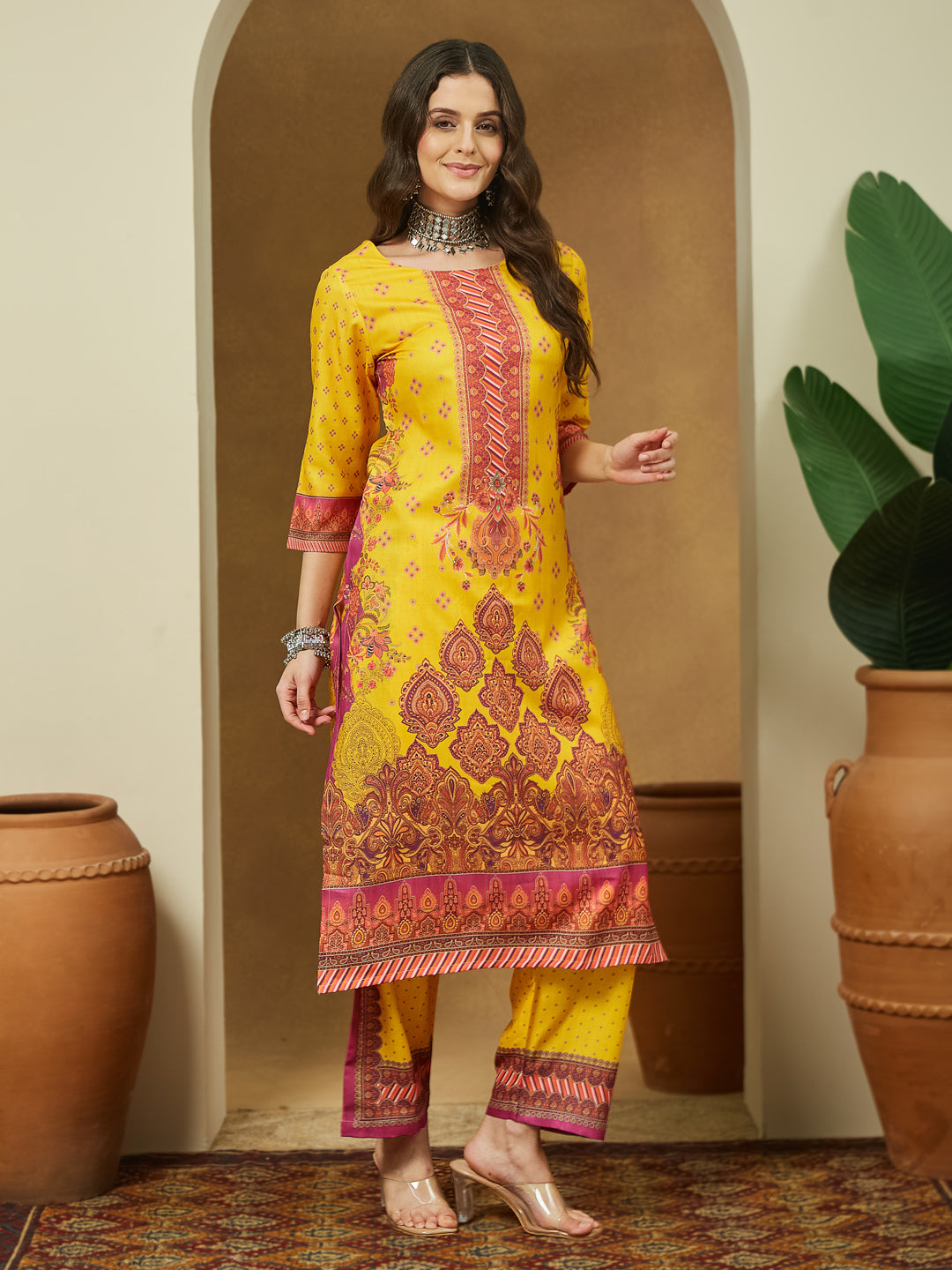Janasya Women's Yellow Cotton Blend Floral Printed Straight Kurta Set