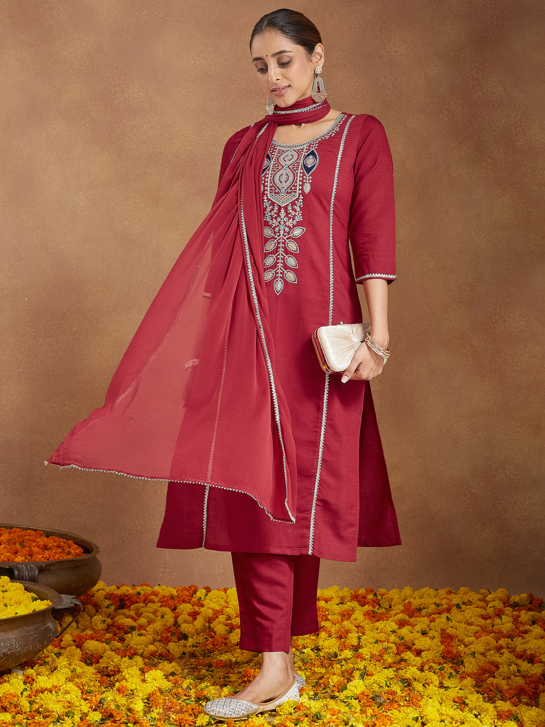 Janasya Women's Maroon Silk Blend Embroidered Straight Kurta Set