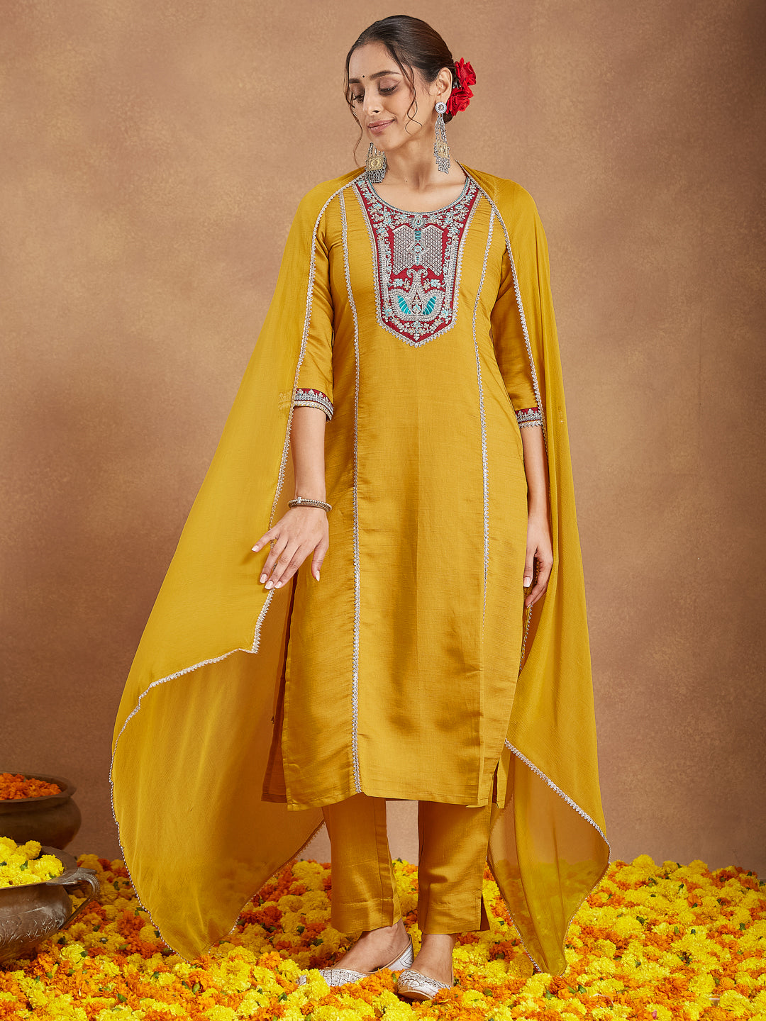 Janasya Women's Mustard Silk Blend Embroidered Straight Kurta Set