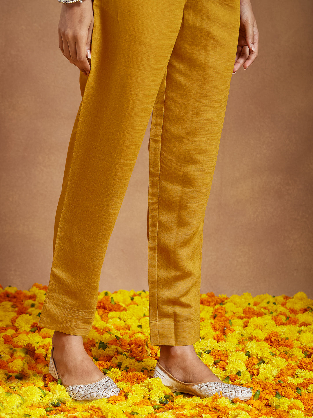 Janasya Women's Mustard Silk Blend Embroidered Straight Kurta Set