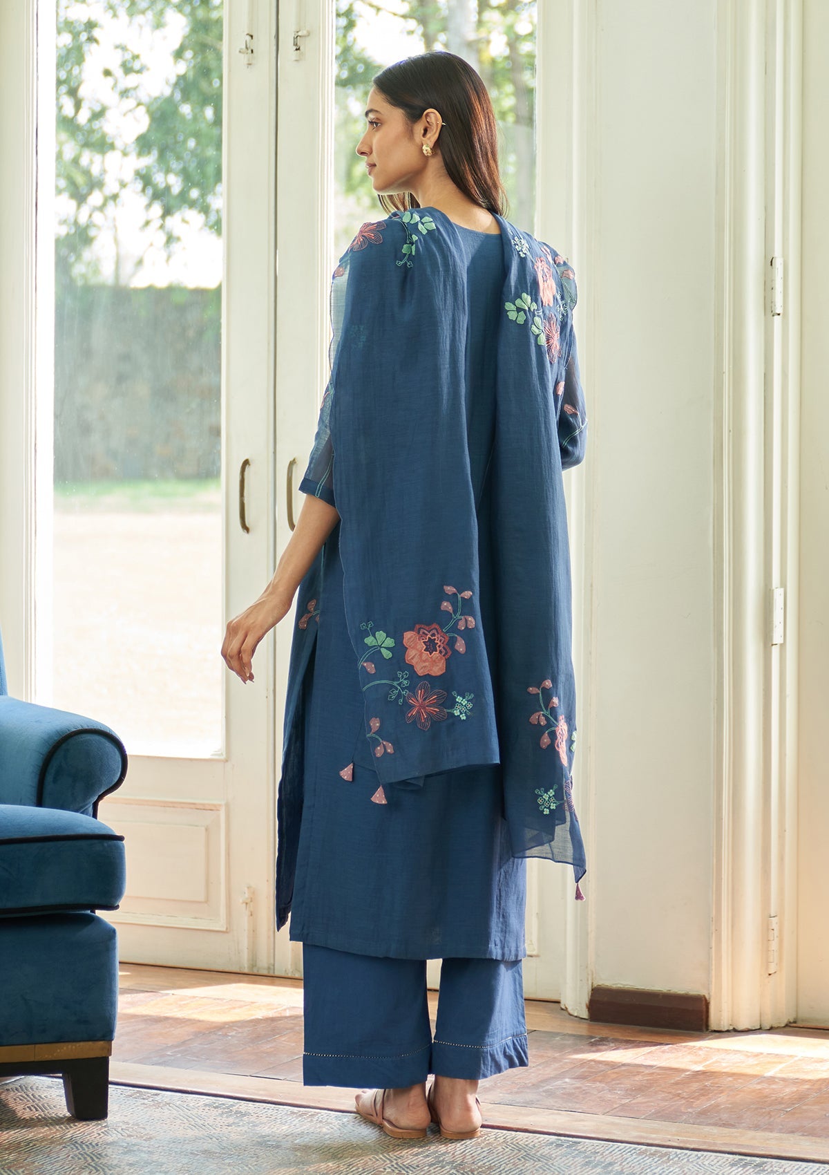 Ocean Blue Floral Applique  Kurta Set