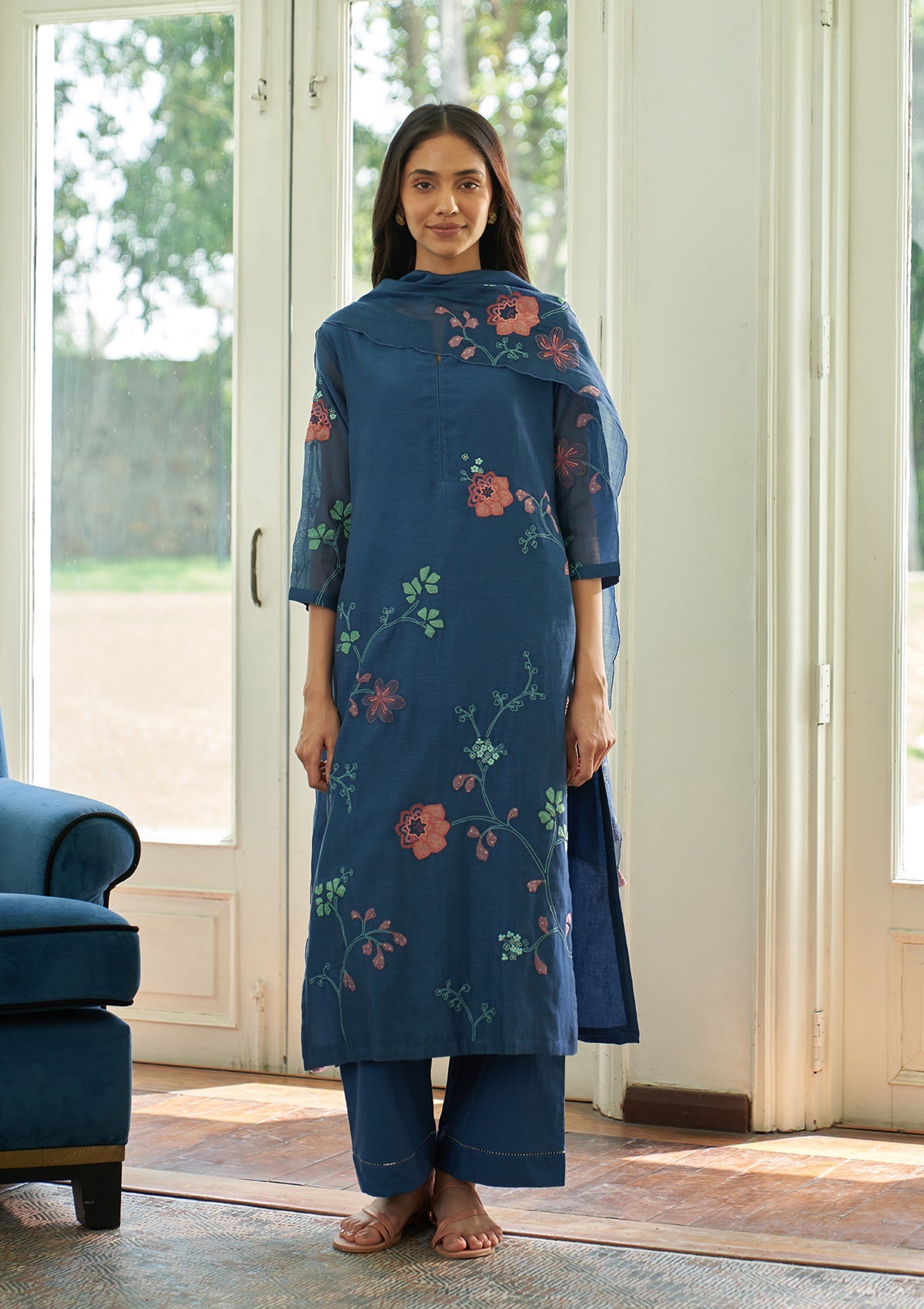 Ocean Blue Floral Applique  Kurta Set
