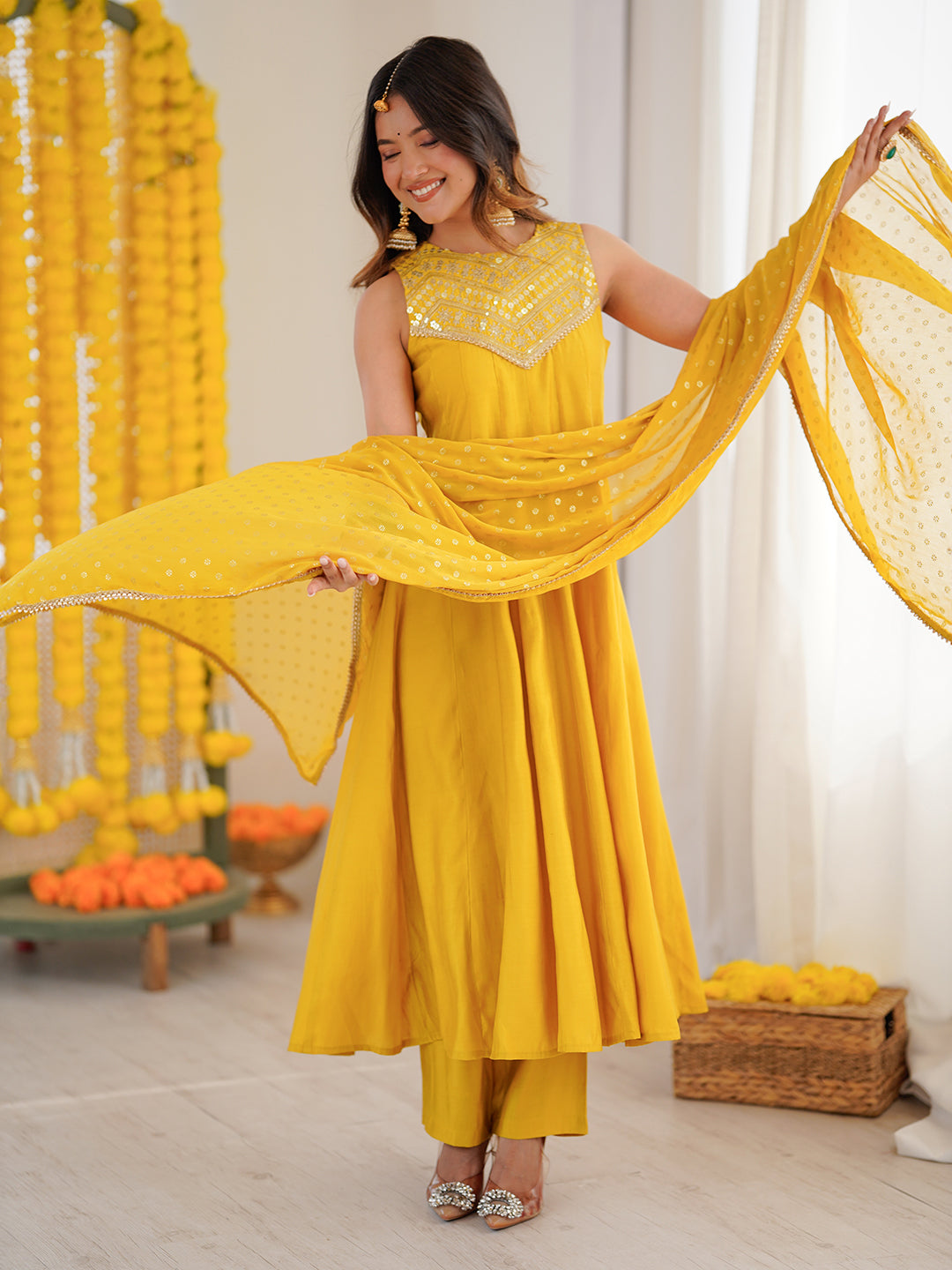 Janasya Women Yellow Chanderi Silk Embellished Anarkali Kurta Set With Dupatta