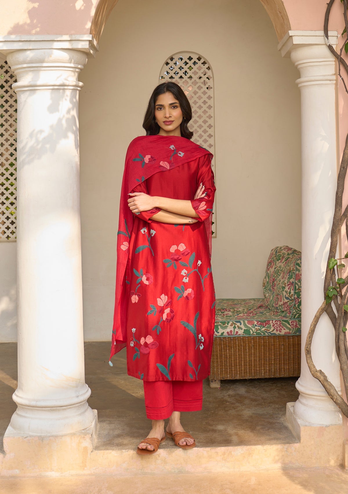 Cherry Red Applique Kurta Set